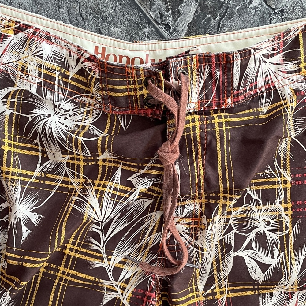 HONOLUA Men’s Floral Plaid Brown Lace-Front Sporty Swim Beach Pool Board Shorts - Picture 4 of 11